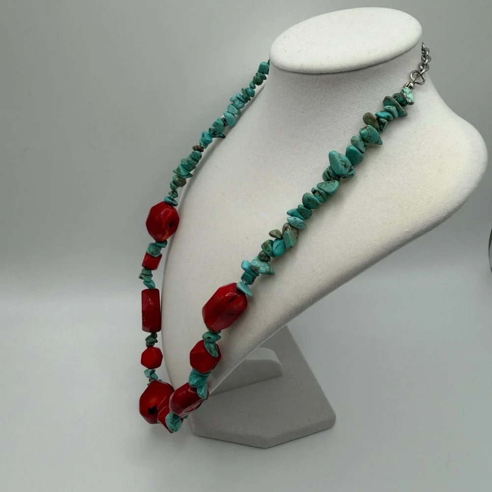 Chunky Red Sponge Coral and Turquoise Nugget Statement Necklace Silver Tone
